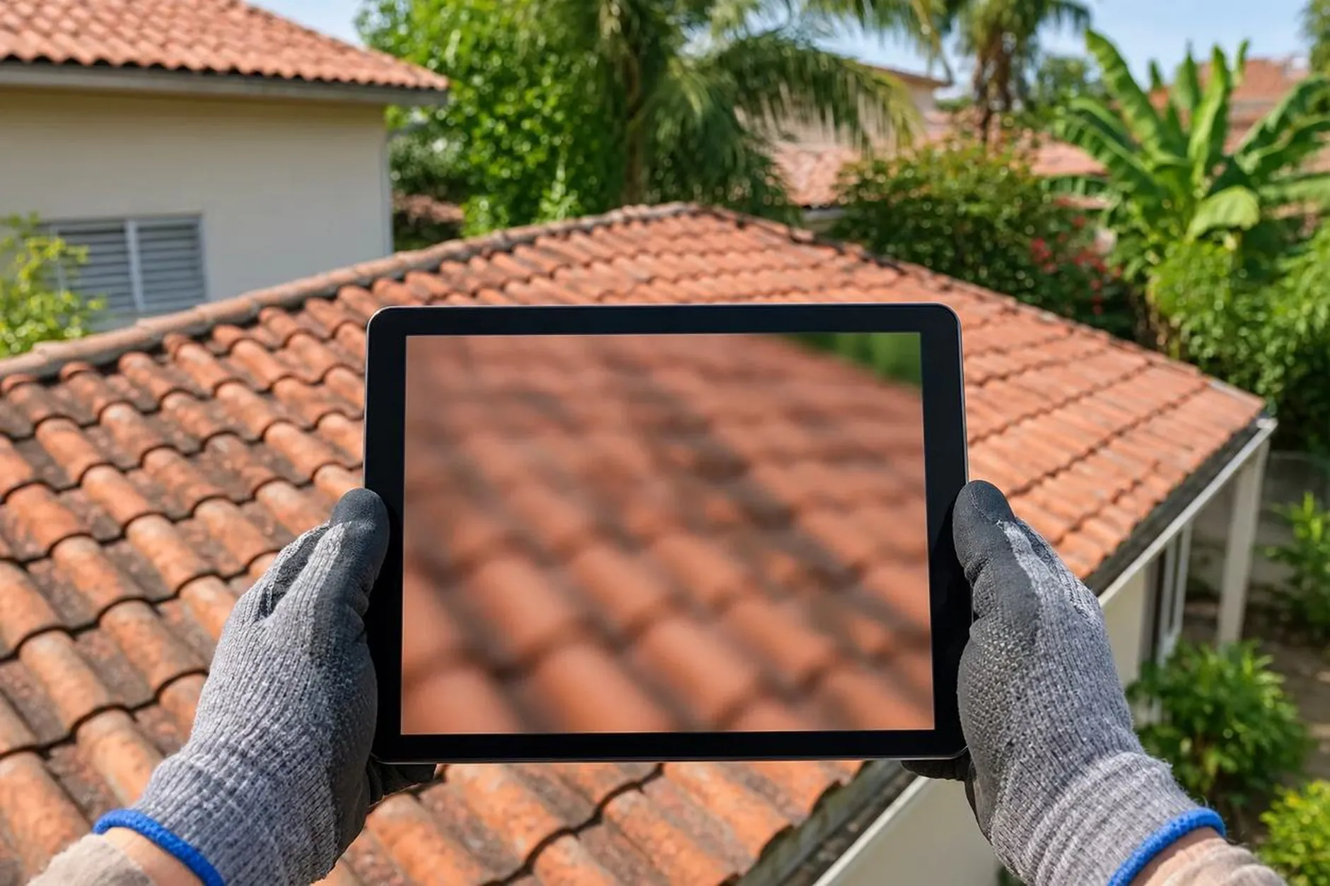 Tablet com fotos da inspeção sobre o telhado