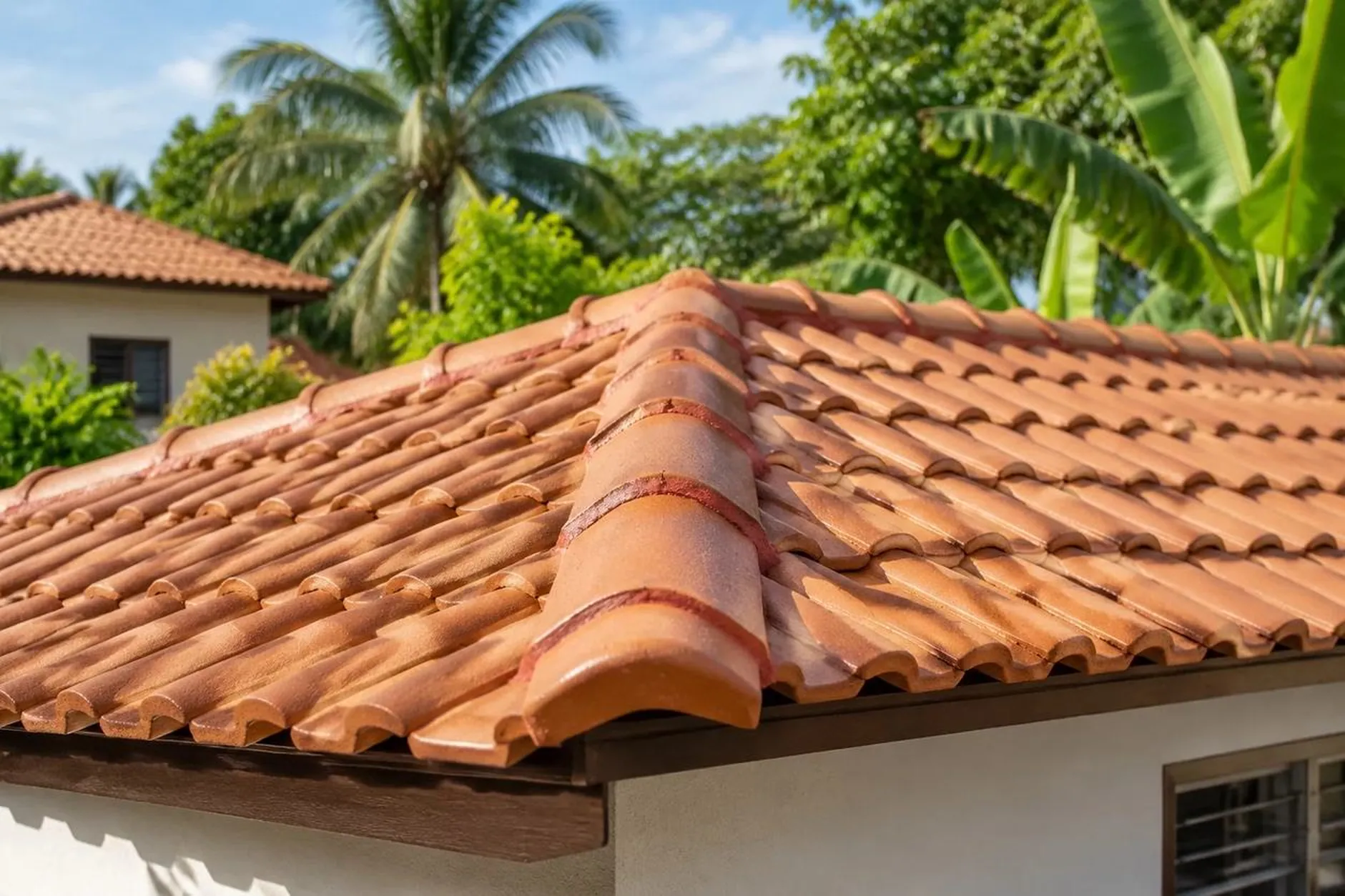 Telhas cerâmicas alinhadas e cumeeira com vedação nova